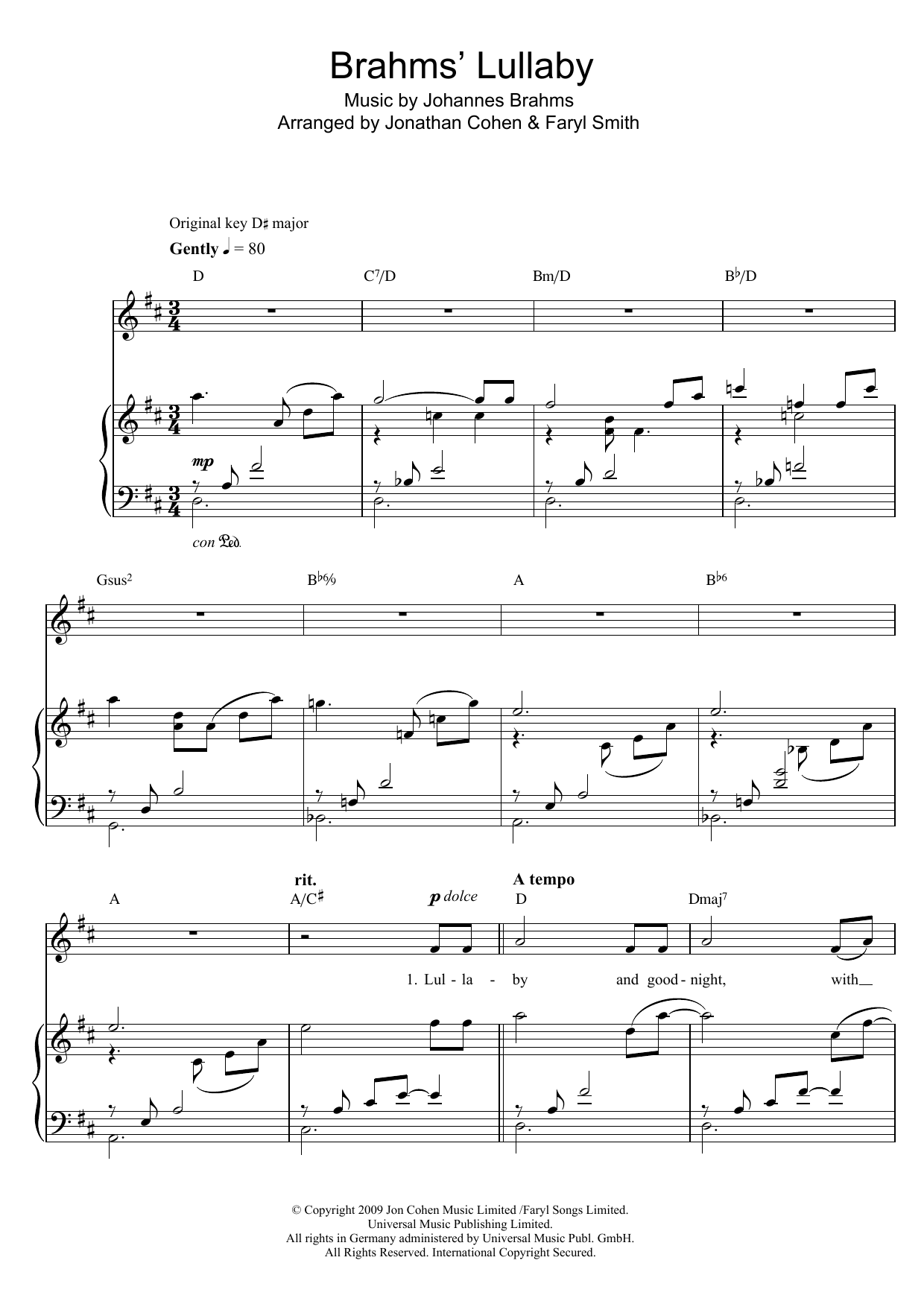 Faryl Smith Brahms' Lullaby Sheet Music Notes & Chords for Piano & Vocal - Download or Print PDF