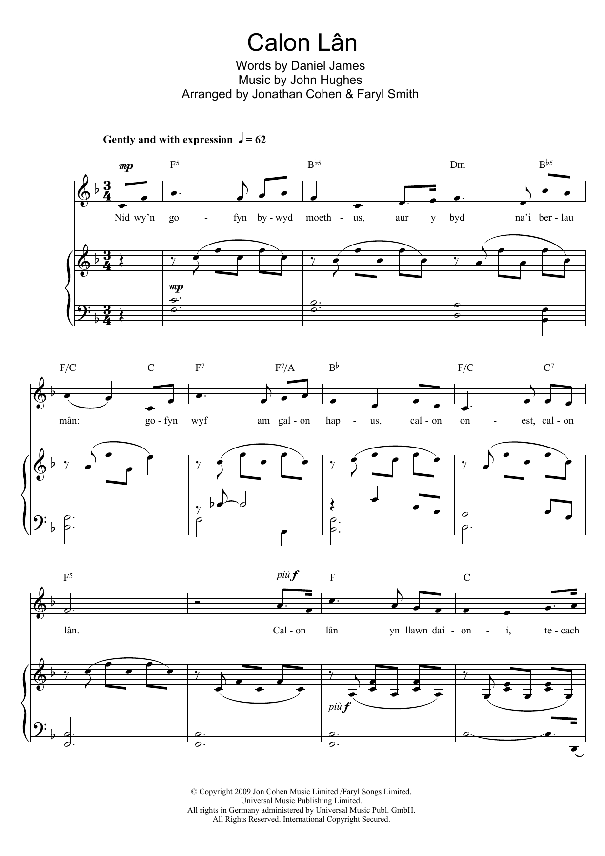 Faryl Smith Calon Lan Sheet Music Notes & Chords for Piano & Vocal - Download or Print PDF