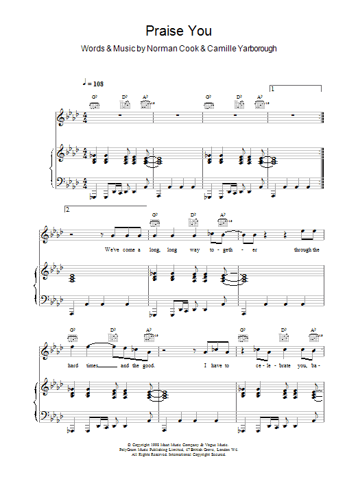 Fatboy Slim Praise You Sheet Music Notes & Chords for Piano Chords/Lyrics - Download or Print PDF