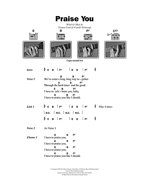 Preview Fatboy Slim Praise You Pop sheet music, notes and chords for Piano, Vocal & Guitar, SKU: 17982 Praise You sheet music