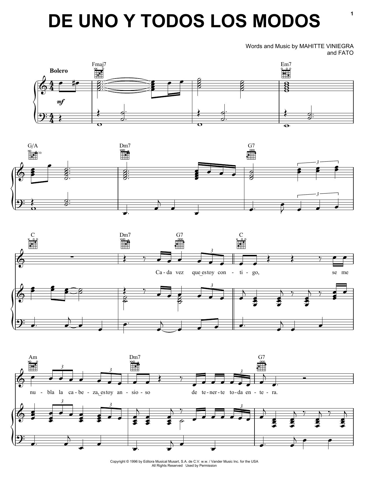 FATO De Uno Y Todos Los Modos Sheet Music Notes & Chords for Piano, Vocal & Guitar (Right-Hand Melody) - Download or Print PDF