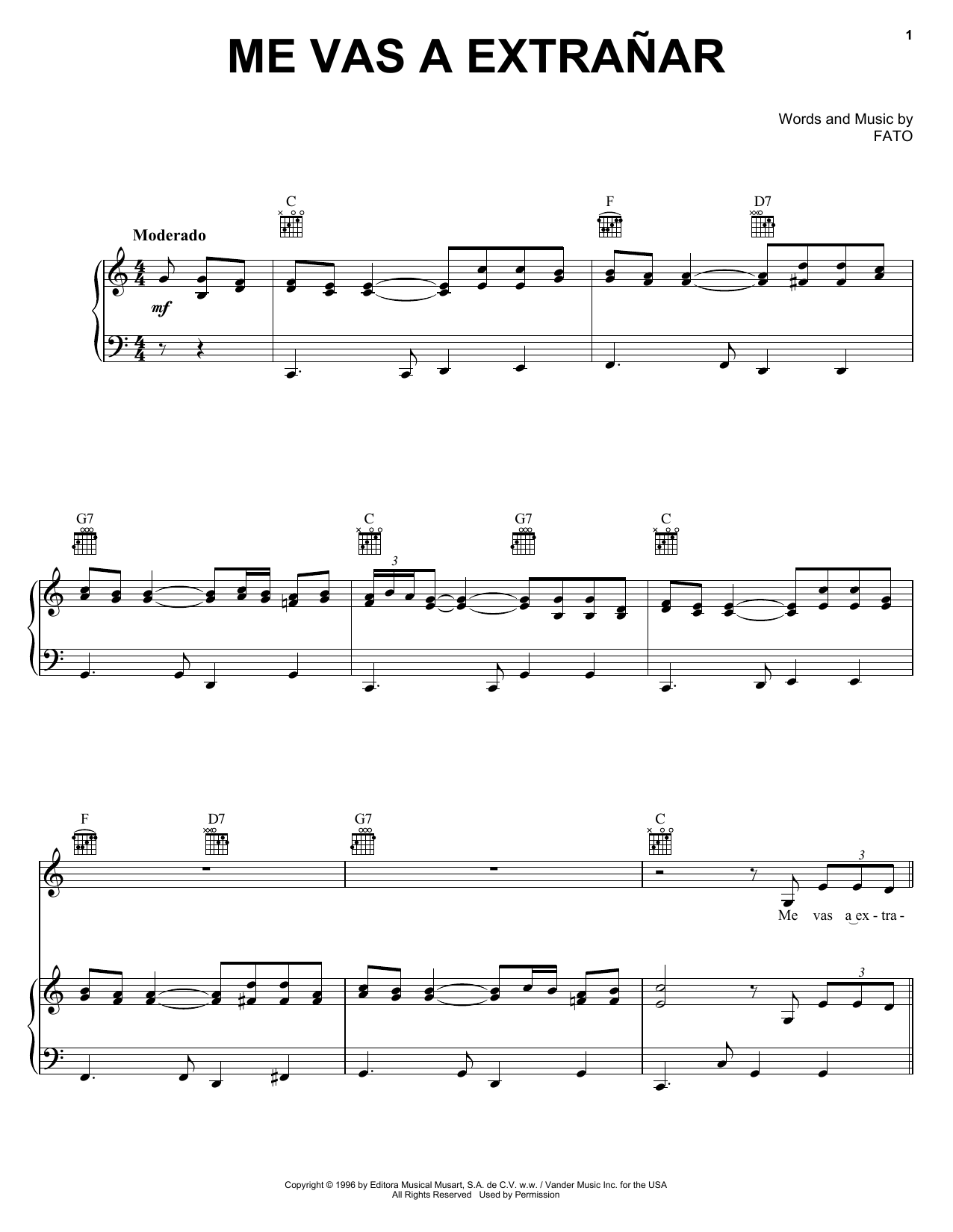 FATO Me Vas A Extranar Sheet Music Notes & Chords for Piano, Vocal & Guitar (Right-Hand Melody) - Download or Print PDF
