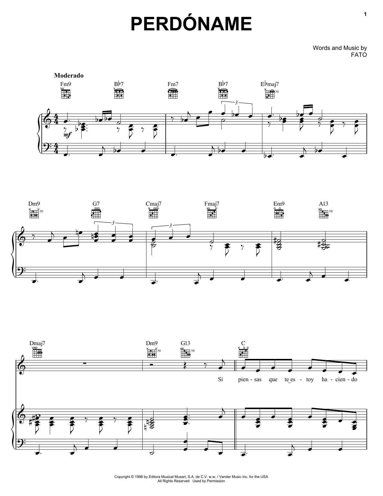FATO Perdoname Sheet Music Notes & Chords for Piano, Vocal & Guitar (Right-Hand Melody) - Download or Print PDF