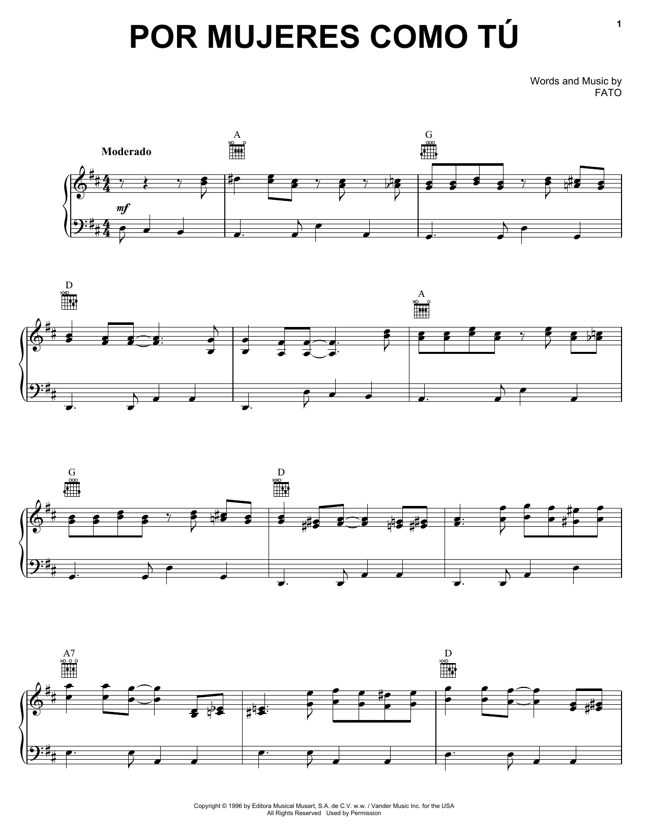 FATO Por Mujeres Como Tu Sheet Music Notes & Chords for Piano, Vocal & Guitar (Right-Hand Melody) - Download or Print PDF
