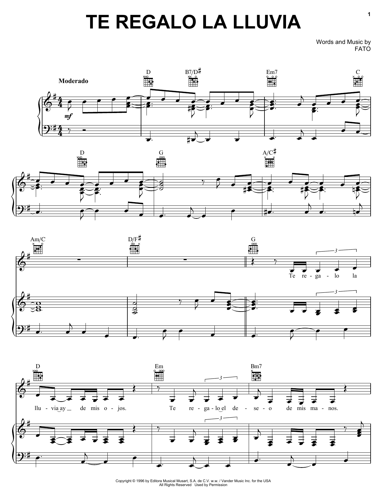 FATO Te Regalo La Lluvia Sheet Music Notes & Chords for Piano, Vocal & Guitar (Right-Hand Melody) - Download or Print PDF FATO Te Regalo La Lluvia Sheet Music Notes & Chords for Piano, Vocal & Guitar (Right-Hand Melody) - Download or Print PDF