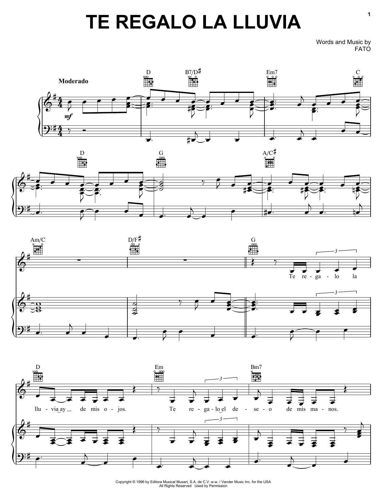 FATO Te Regalo La Lluvia Sheet Music Notes & Chords for Piano, Vocal & Guitar (Right-Hand Melody) - Download or Print PDF