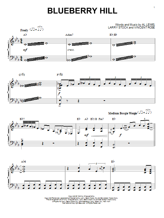 Fats Domino Blueberry Hill (arr. Brent Edstrom) Sheet Music Notes & Chords for Piano - Download or Print PDF Fats Domino Blueberry Hill (arr. Brent Edstrom) Sheet Music Notes & Chords for Piano - Download or Print PDF