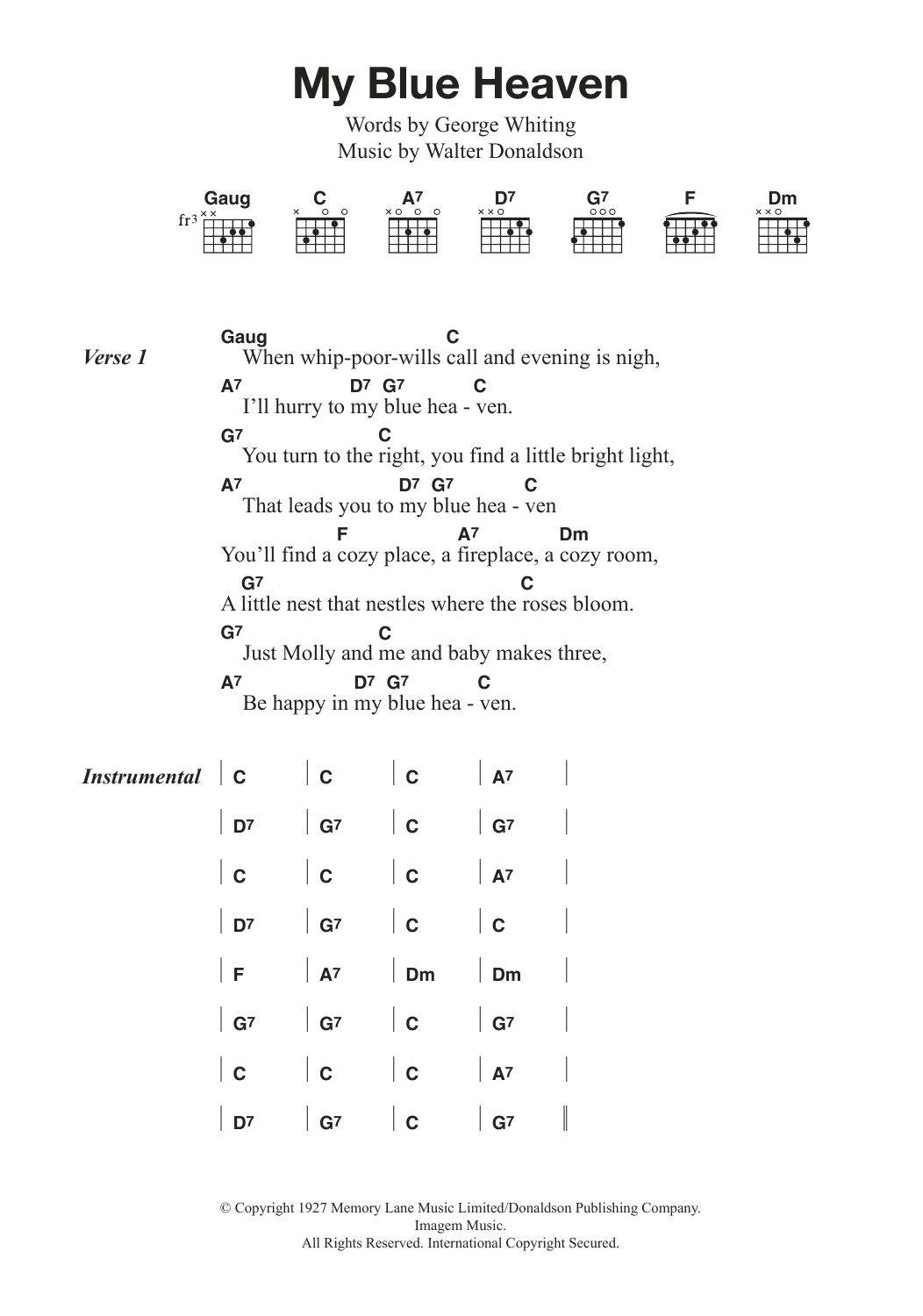 Fats Domino My Blue Heaven Sheet Music Notes & Chords for Lyrics & Chords - Download or Print PDF