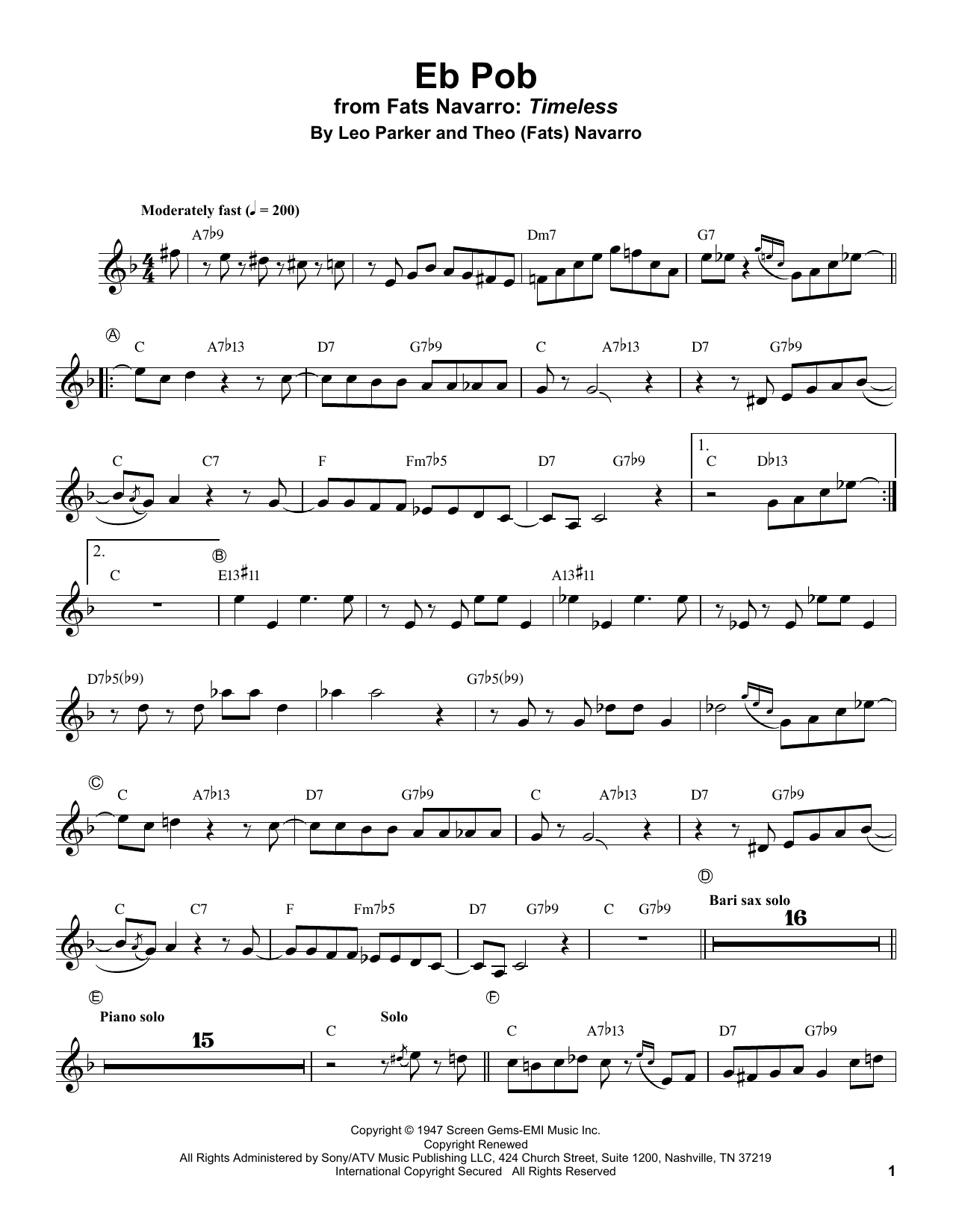 Fats Navarro Eb Pob Sheet Music Notes & Chords for Trumpet Transcription - Download or Print PDF