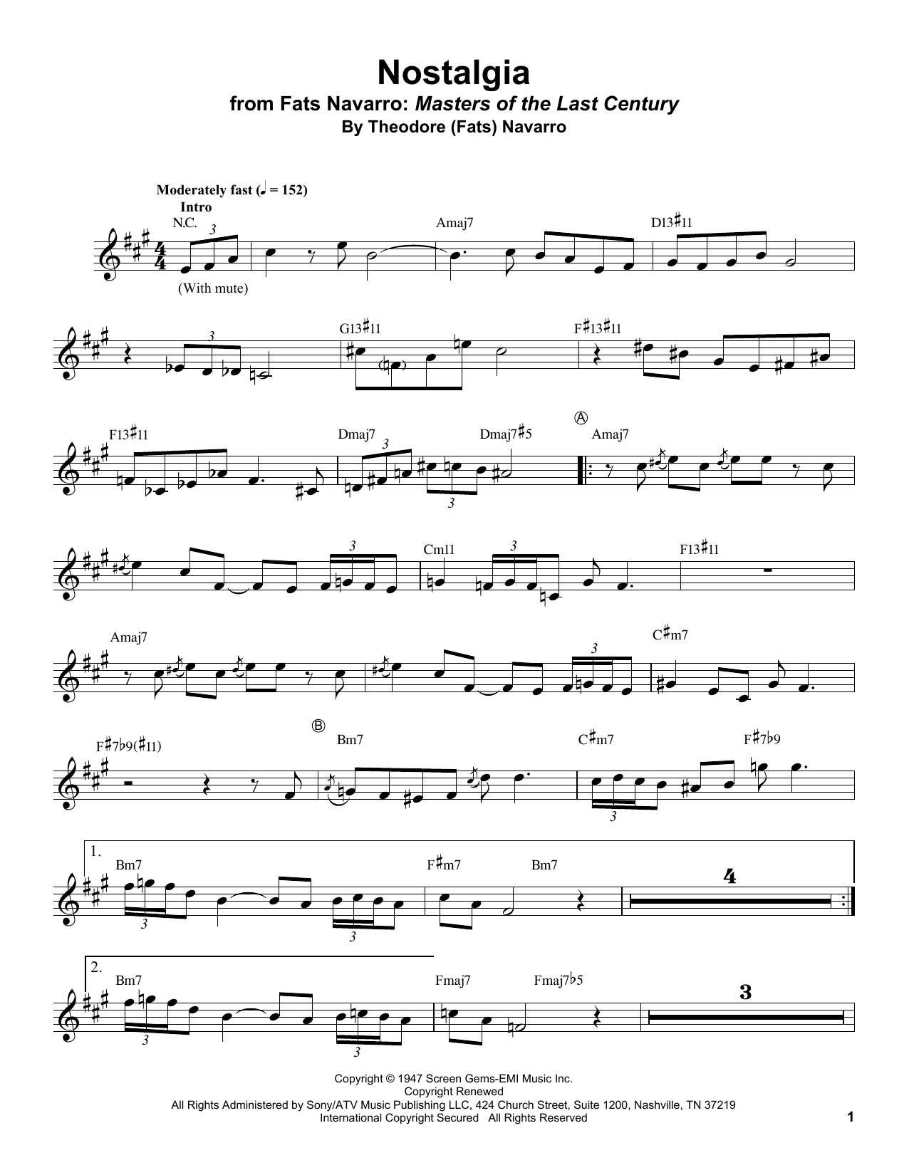 Fats Navarro Nostalgia Sheet Music Notes & Chords for Trumpet Transcription - Download or Print PDF