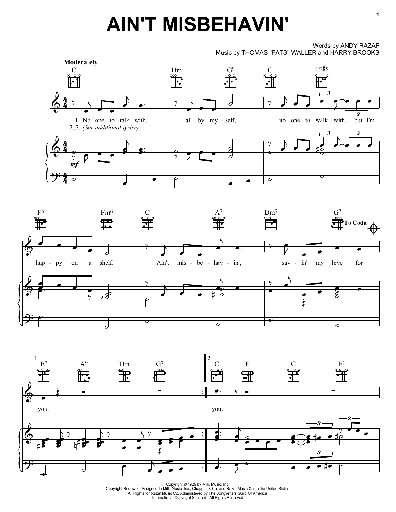 Fats Waller Ain't Misbehavin' Sheet Music Notes & Chords for Piano - Download or Print PDF