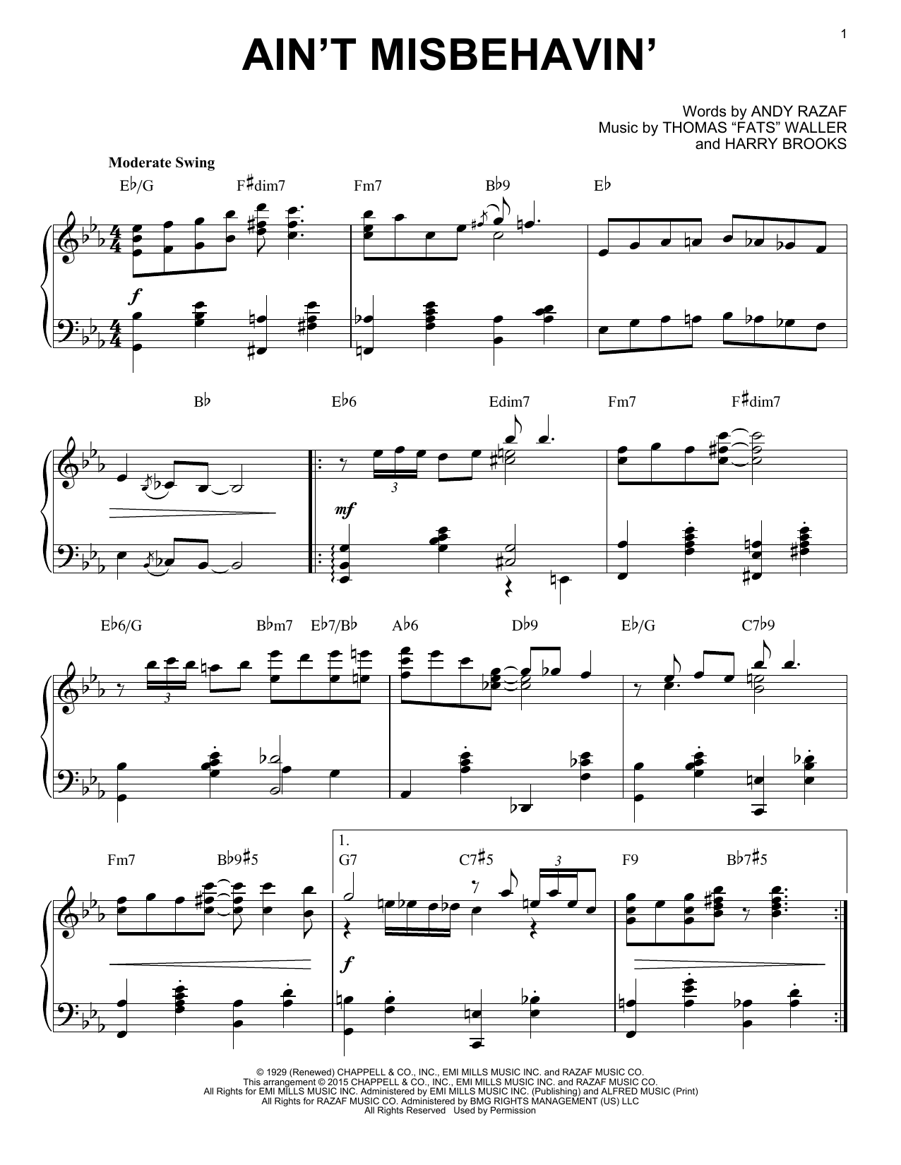 Fats Waller Ain't Misbehavin' [Stride version] (arr. Brent Edstrom) Sheet Music Notes & Chords for Piano - Download or Print PDF