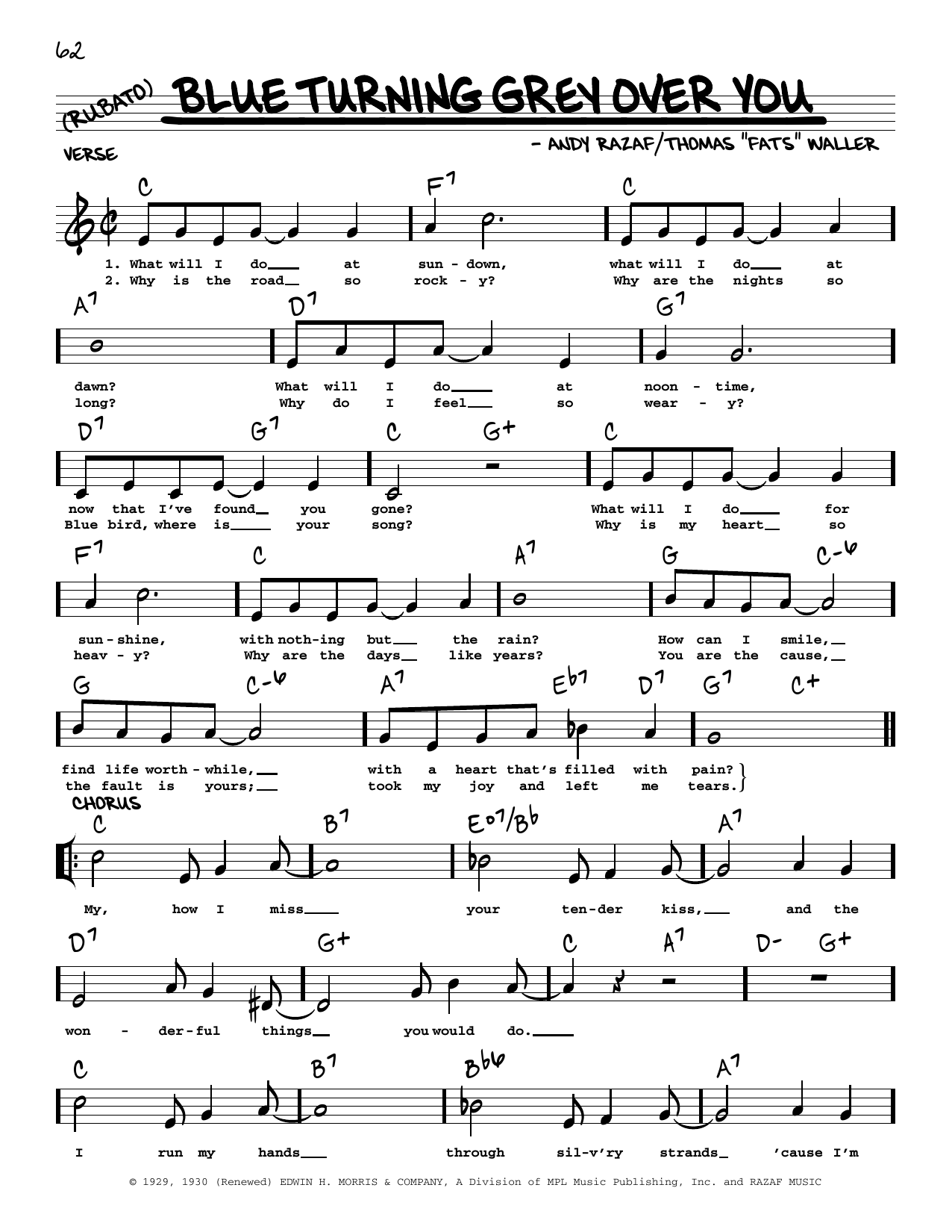 Fats Waller Blue Turning Grey Over You (arr. Robert Rawlins) Sheet Music Notes & Chords for Real Book – Melody, Lyrics & Chords - Download or Print PDF