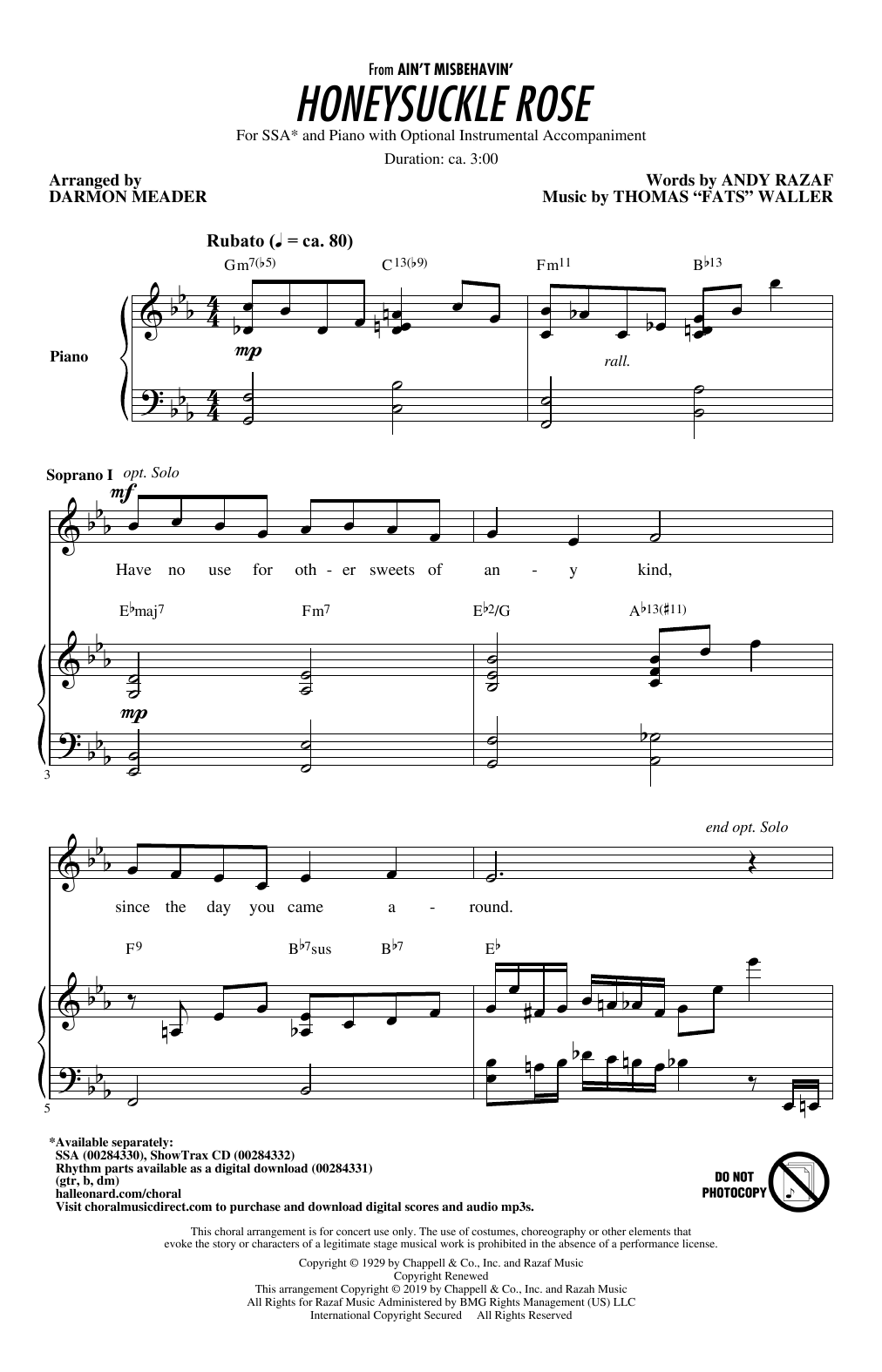 Fats Waller Honeysuckle Rose (arr. Darmon Meader) Sheet Music Notes & Chords for SSA Choir - Download or Print PDF