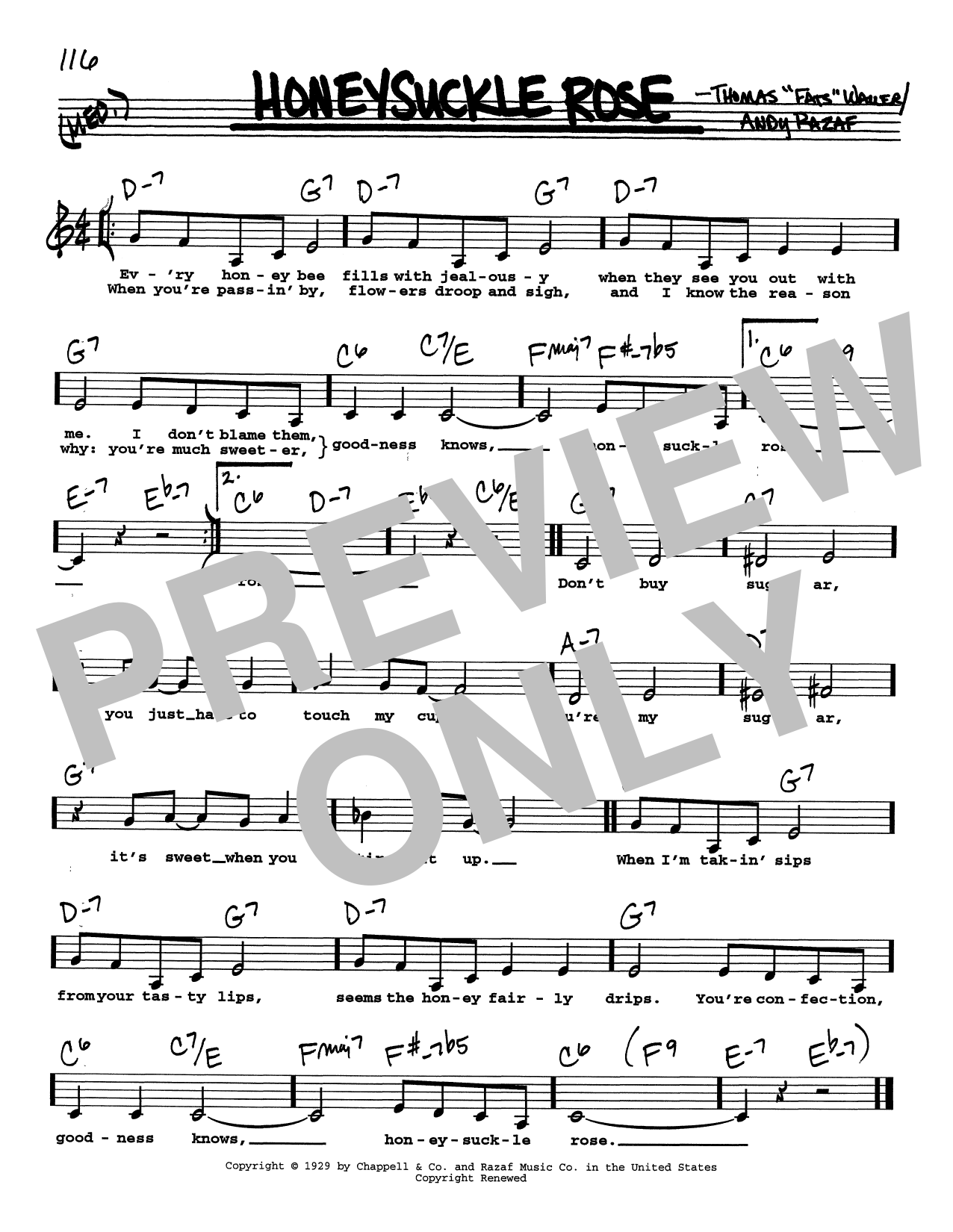 Fats Waller Honeysuckle Rose (Low Voice) Sheet Music Notes & Chords for Real Book – Melody, Lyrics & Chords - Download or Print PDF