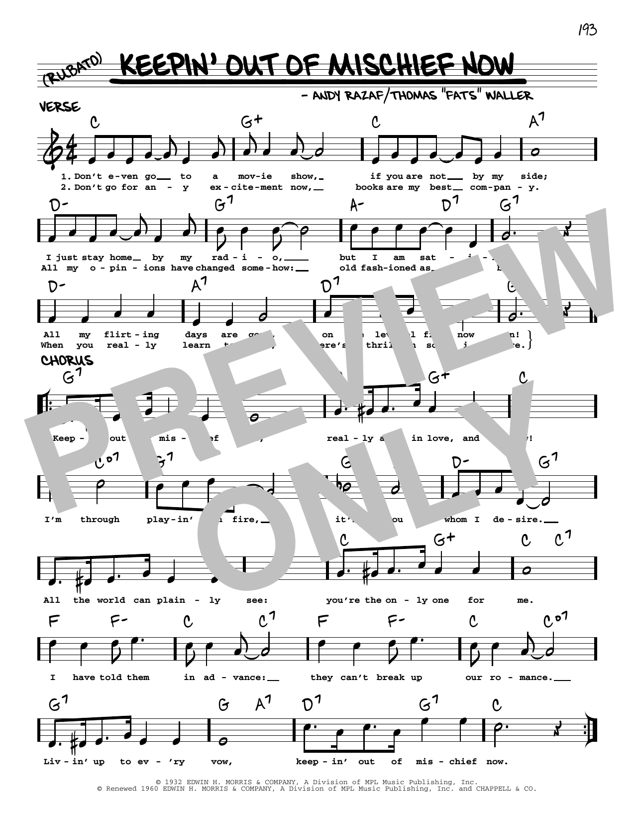 Fats Waller Keepin' Out Of Mischief Now (arr. Robert Rawlins) Sheet Music Notes & Chords for Real Book – Melody, Lyrics & Chords - Download or Print PDF