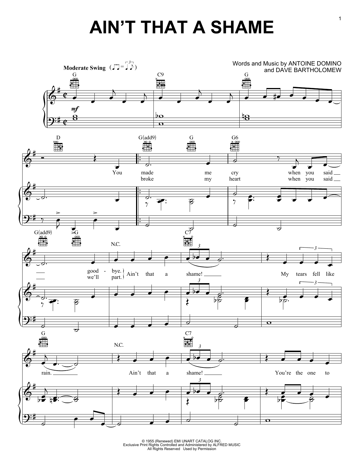 Preview Fats Domino Ain't That A Shame Rock sheet music, notes and chords for Piano, Vocal & Guitar (Right-Hand Melody), SKU: 24148 sheet music, piano notes, chords, guitar tabs, score, transpose, transcribe, how to play, guide, download, learn, tutorial, progression, song, artist, awards, billboard, mtv, vh1, tour, single, album, release