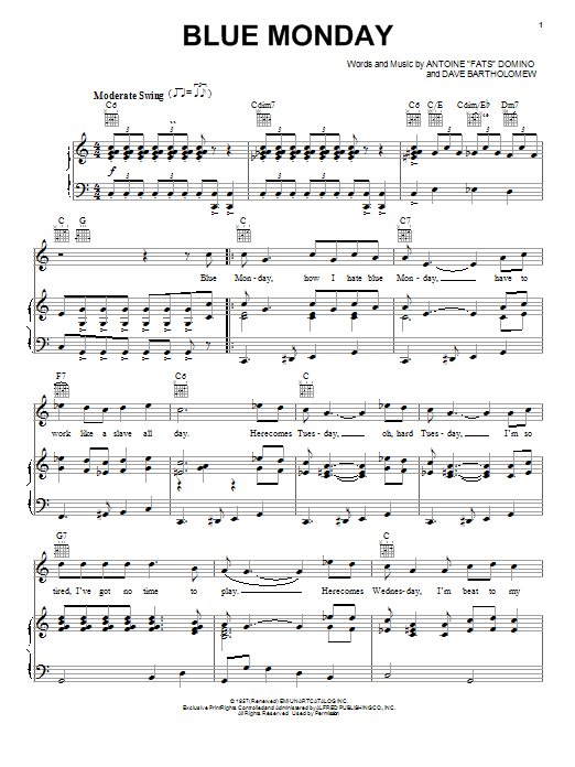 Preview Fats Domino Blue Monday Pop sheet music, notes and chords for Piano, Vocal & Guitar (Right-Hand Melody), SKU: 24151 sheet music, piano notes, chords, guitar tabs, score, transpose, transcribe, how to play, guide, download, learn, tutorial, progression, song, artist, awards, billboard, mtv, vh1, tour, single, album, release