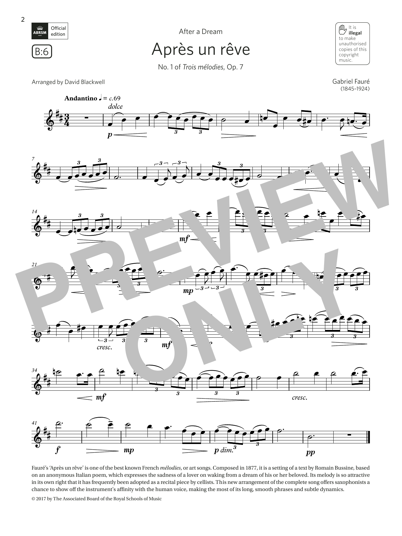 Faure Après un rêve (from Trois mélodies, Op. 7) (Grade 5 B6, the ABRSM Saxophone syllabus from 2022) Sheet Music Notes & Chords for Alto Sax Solo - Download or Print PDF