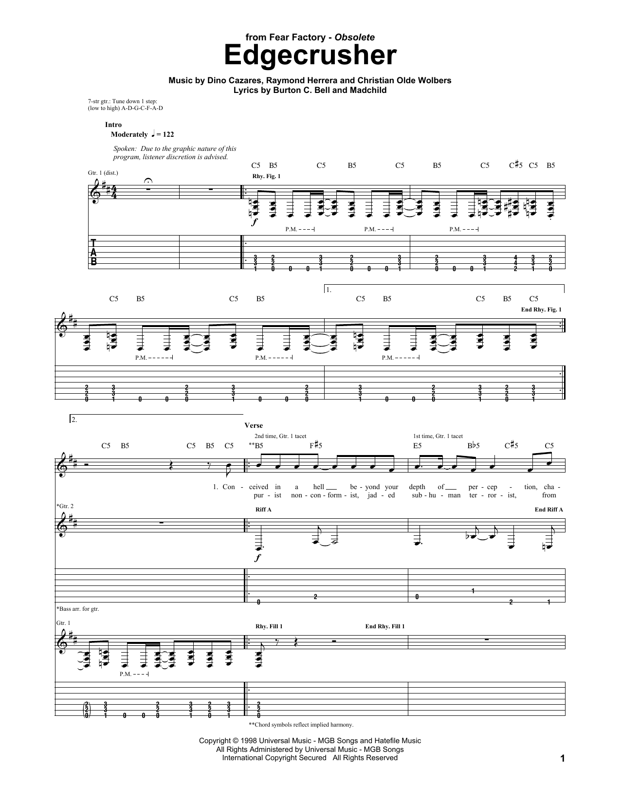 Fear Factory Edgecrusher Sheet Music Notes & Chords for Guitar Tab - Download or Print PDF
