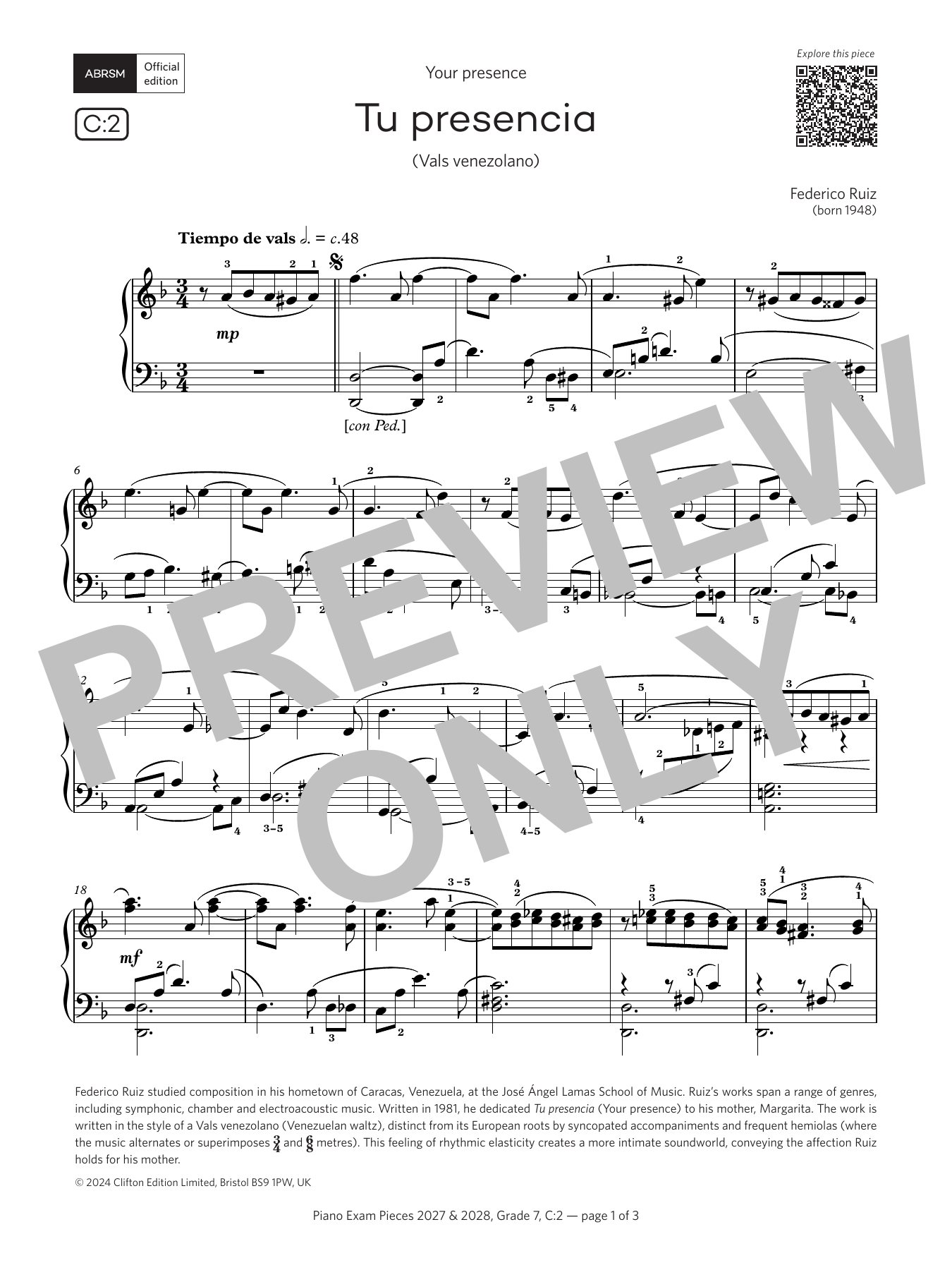 Federico Ruiz Tu presencia (Grade 7, list C2, from the ABRSM Piano Syllabus 2027 & 2028) Sheet Music Notes & Chords for Piano Solo - Download or Print PDF