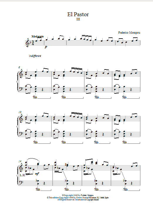 Preview Federico Mompou El Pastor III Post-1900 sheet music, notes and chords for Piano, SKU: 17940 El Pastor III sheet music