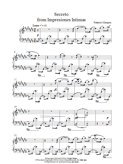 Preview Federico Mompou Secreto From Impresiones Intimas Classical sheet music, notes and chords for Piano, SKU: 17949 Secreto From Impresiones Intimas sheet music