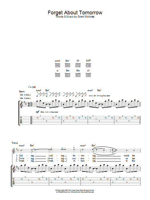Feeder Forget About Tomorrow Sheet Music Notes & Chords for Melody Line, Lyrics & Chords - Download or Print PDF