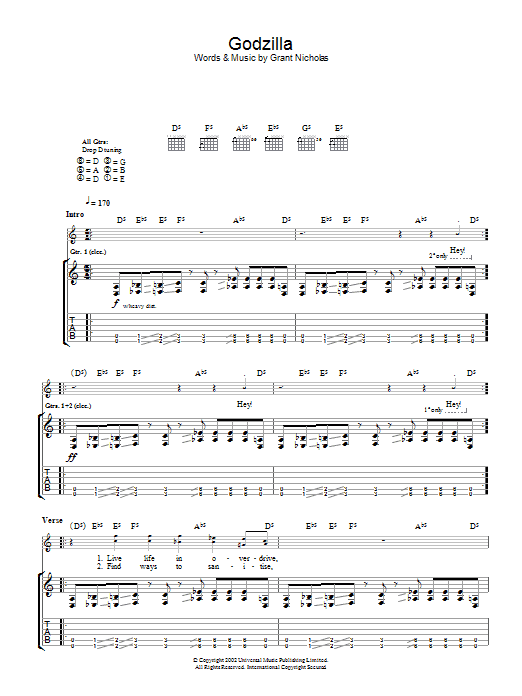Feeder Godzilla Sheet Music Notes & Chords for Guitar Tab - Download or Print PDF