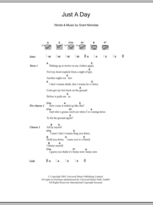 Feeder Just A Day Sheet Music Notes & Chords for Lyrics & Chords - Download or Print PDF