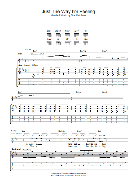 Feeder Just The Way I'm Feeling Sheet Music Notes & Chords for Lyrics & Chords - Download or Print PDF