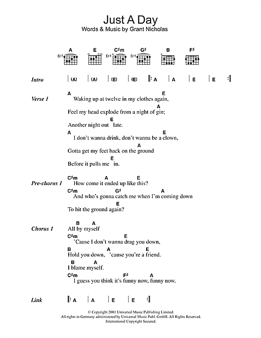 Feeder Just A Day Sheet Music Notes & Chords for Lyrics & Chords - Download or Print PDF