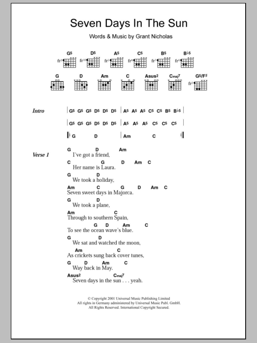 Feeder Seven Days In The Sun Sheet Music Notes & Chords for Lyrics & Chords - Download or Print PDF