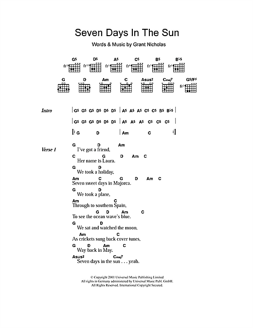 Feeder Seven Days In The Sun Sheet Music Notes & Chords for Lyrics & Chords - Download or Print PDF