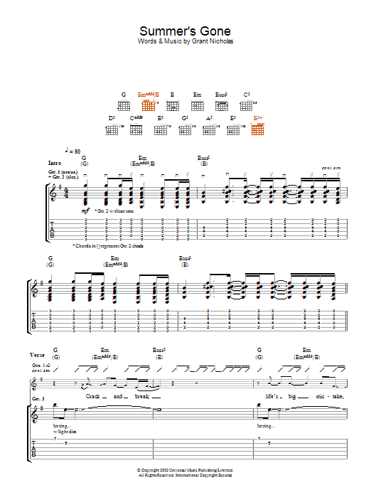 Preview Feeder Summer's Gone Pop sheet music, notes and chords for Guitar Tab, SKU: 22935 Summer's Gone sheet music