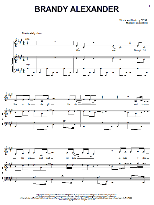 Feist Brandy Alexander Sheet Music Notes & Chords for Piano, Vocal & Guitar (Right-Hand Melody) - Download or Print PDF
