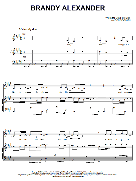 Preview Feist Brandy Alexander Rock sheet music, notes and chords for Piano, Vocal & Guitar (Right-Hand Melody), SKU: 64270 Brandy Alexander sheet music