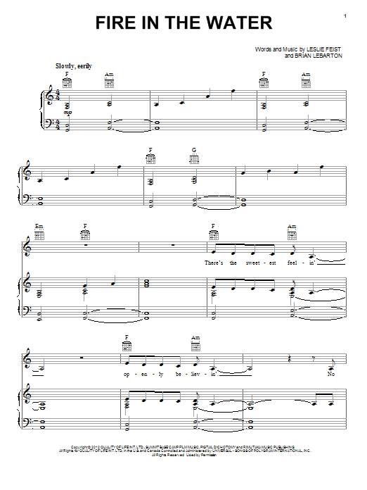 Feist Fire In The Water Sheet Music Notes & Chords for Piano, Vocal & Guitar (Right-Hand Melody) - Download or Print PDF