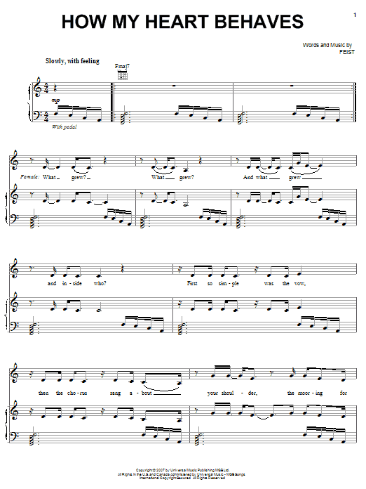 Feist How My Heart Behaves Sheet Music Notes & Chords for Piano, Vocal & Guitar (Right-Hand Melody) - Download or Print PDF