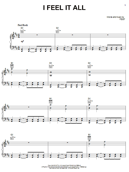 Preview Feist I Feel It All Rock sheet music, notes and chords for Piano, Vocal & Guitar (Right-Hand Melody), SKU: 64263 I Feel It All sheet music