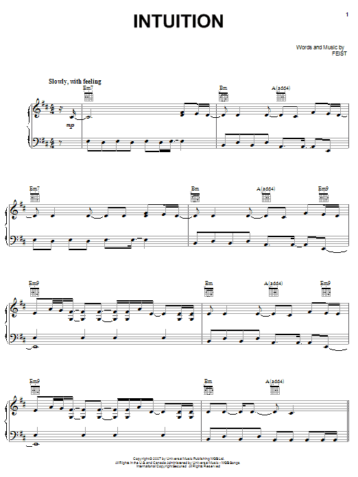 Feist Intuition Sheet Music Notes & Chords for Piano, Vocal & Guitar (Right-Hand Melody) - Download or Print PDF