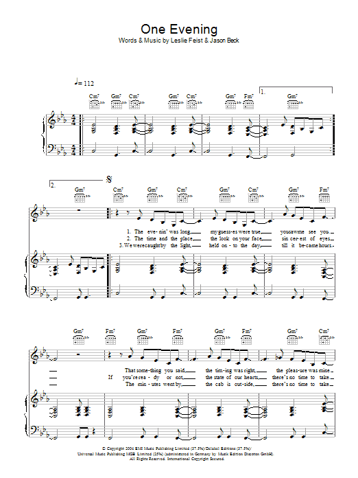 Feist One Evening Sheet Music Notes & Chords for Piano, Vocal & Guitar - Download or Print PDF