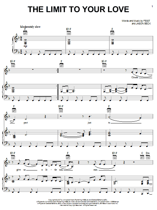 Feist The Limit To Your Love Sheet Music Notes & Chords for Piano, Vocal & Guitar (Right-Hand Melody) - Download or Print PDF