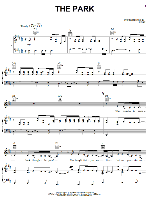 Feist The Park Sheet Music Notes & Chords for Piano, Vocal & Guitar (Right-Hand Melody) - Download or Print PDF