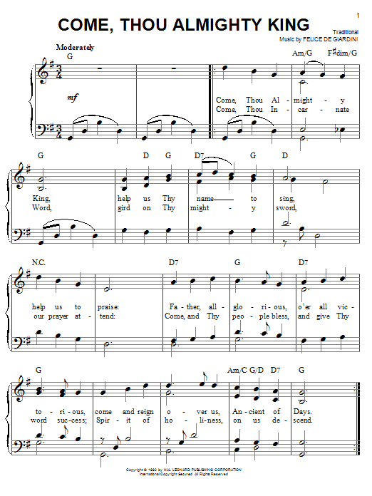 Felice de Giardini Come, Thou Almighty King Sheet Music Notes & Chords for Easy Piano - Download or Print PDF