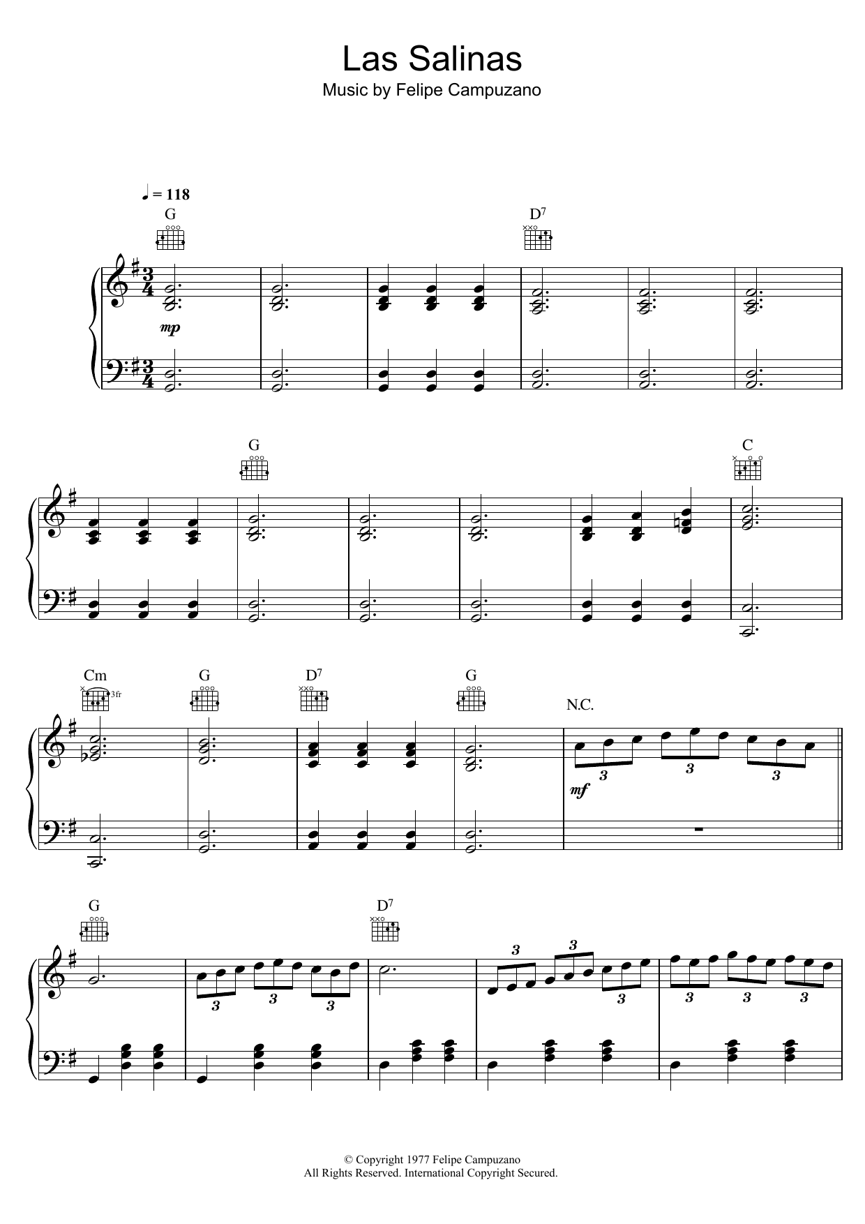 Felipe Campuzano Las Salinas Sheet Music Notes & Chords for Piano, Vocal & Guitar (Right-Hand Melody) - Download or Print PDF
