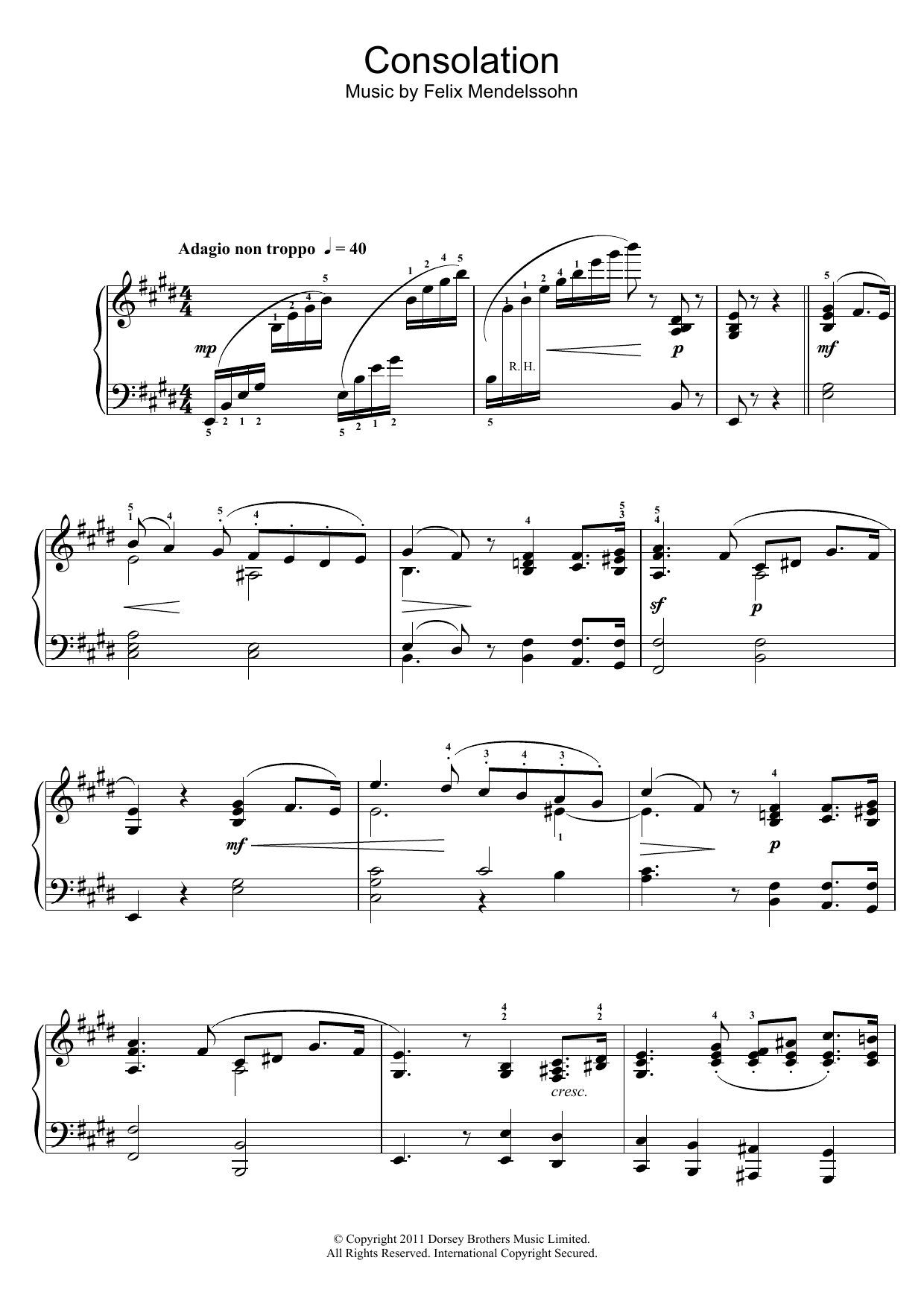 Felix Mendelssohn Consolation Sheet Music Notes & Chords for Piano - Download or Print PDF