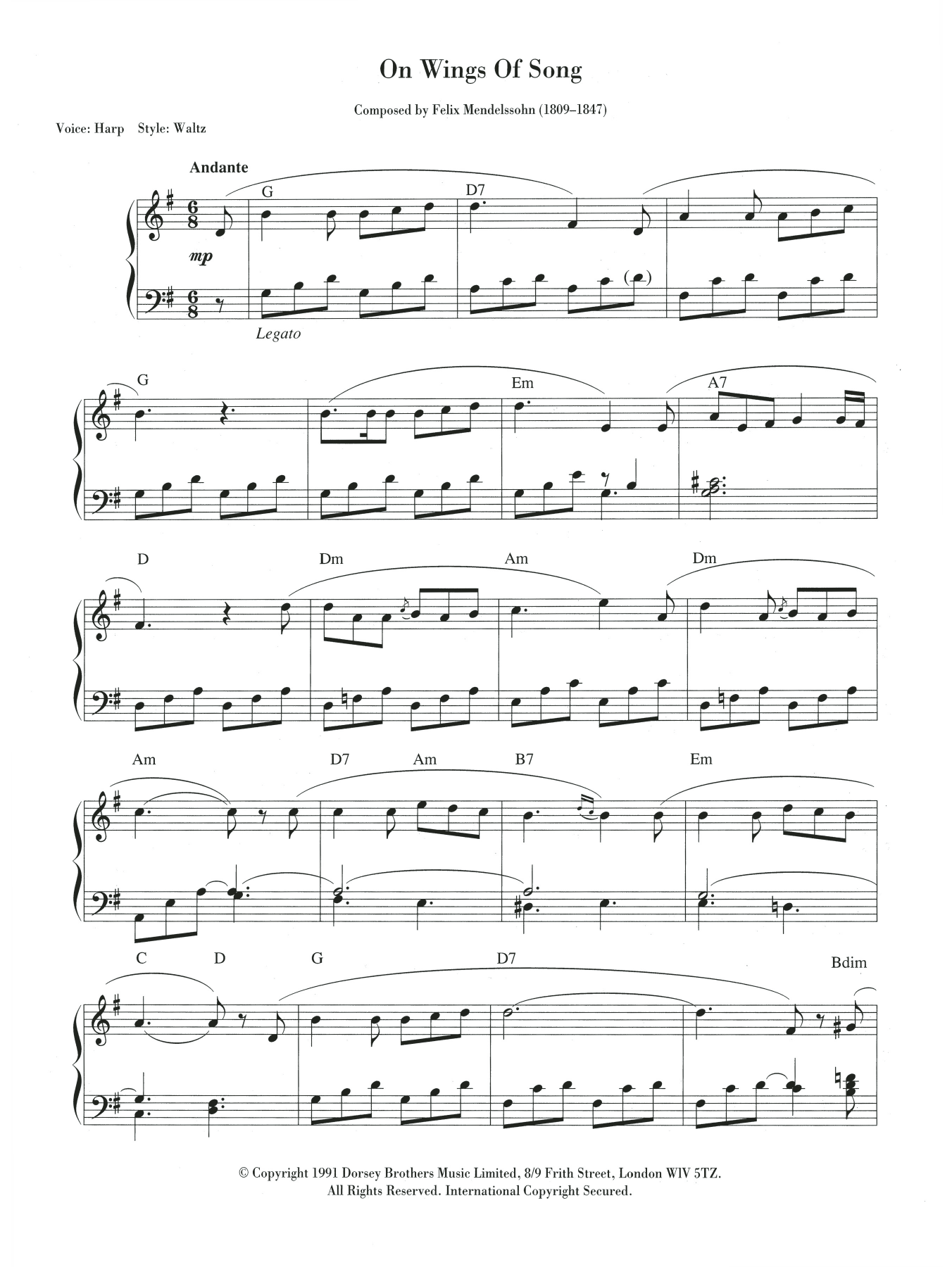 Felix Mendelssohn On Wings Of Song Sheet Music Notes & Chords for Keyboard - Download or Print PDF