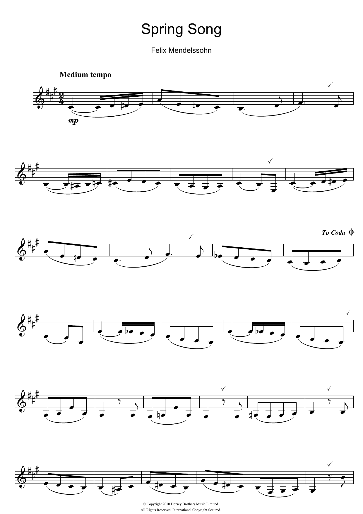 Felix Mendelssohn Spring Song, from Songs Without Words, Op.62 Sheet Music Notes & Chords for Clarinet - Download or Print PDF