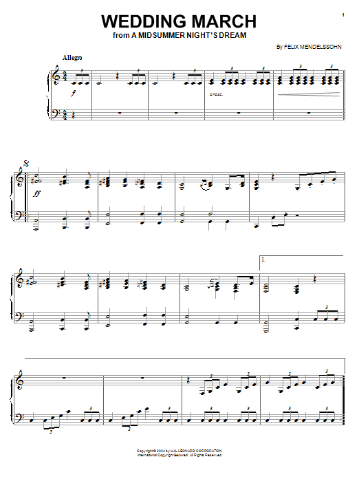 Felix Mendelssohn Wedding March Sheet Music Notes & Chords for Piano - Download or Print PDF